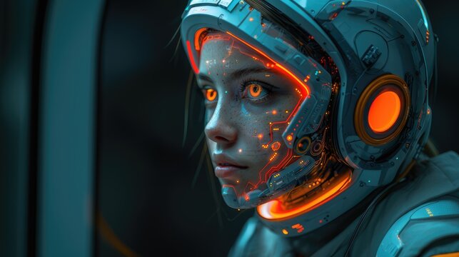 Post-apocalypse futuristic poster on a clean dark background robot girl face cyborg transformer in orange space suit with artificial intelligence future of humanity world order soldier cyberpunk 2077
