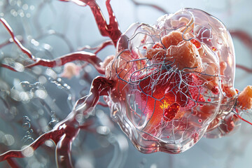 Hyper-realistic image of a bioengineered organ on a vascular scaffold, showcasing the tissue engineering process 32K,