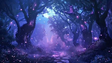 Zelfklevend Fotobehang enchanting fantasy forest scene under the moonlight with mysterious glowing lights dancing among the trees digital painting © Bijac
