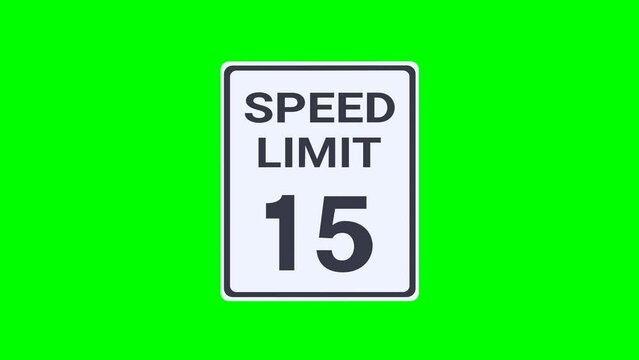 Appearance of a rectangular black and white 15 mph speed limit road sign from the USA on a green background, transparent background with alpha channel in flat design style
