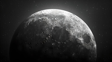 Monochromatic Detailed Moon Surface Against Starry Sky, Generative AI