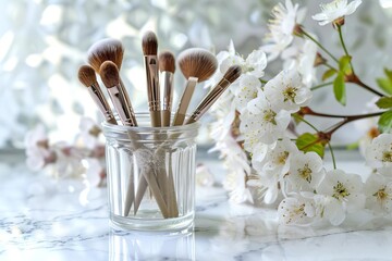 cosmetic brushes in glass jar with flowers feminine vanity still life