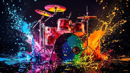 explosive rainbow paint splatters on guitars and drums creative music concept - obrazy, fototapety, plakaty