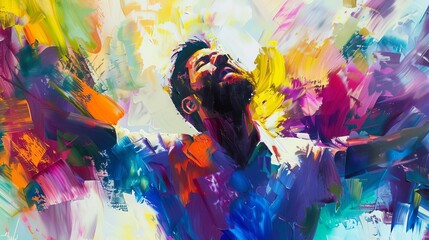 expressive abstract painting depicting man worshipping with vibrant colors and energetic brushstrokes christian worship art