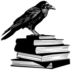 Fototapeta premium illustration of a Raven standing on a stack of books, isolated 