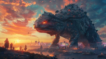 Colossal Amphibious Creature Towers Over Tiny Gnomes as Sunset Sky Transitions into a NeonTinged Cityscape A Surreal Dreamlike - obrazy, fototapety, plakaty