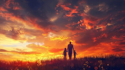 Fototapeta premium family of faith silhouette of family walking towards vibrant sunset sky christian concept illustration
