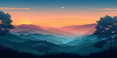 Vibrant sunset over peaceful mountain ranges with starry sky.