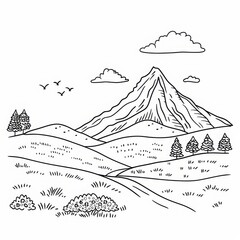 coloring pages or books for children, Cute and funny coloring page, simple cartoon illustration, outline picture for coloring kid book, illustration of mountain