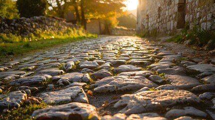 A Timeless Journey: Ancient Cobblestone Path Connects Past and Present in a Historic Village - obrazy, fototapety, plakaty