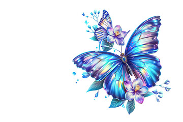 Vibrant Holographic Blue Butterfly and Flowers Clipart isolated on White Background