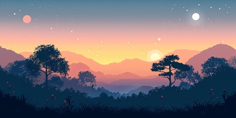 Vibrant sunset over peaceful mountain ranges with starry sky. - obrazy, fototapety, plakaty