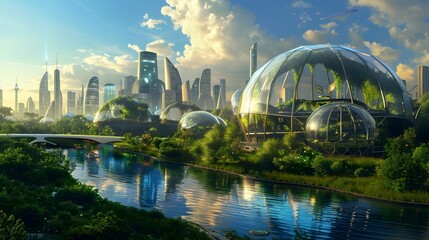 Naklejka premium Sustainable Lifebloom: A Sci-Fi City Nurturing an Advanced Bio-Dome Ecosystem