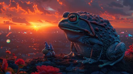 Mythical Giant Frog and Whimsical Gnome Sidekicks Bask in Brilliant Sunset and NeonDrenched Cityscape - obrazy, fototapety, plakaty