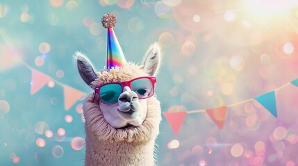 Naklejka premium funny alpaca with party hat and sunglasses festive birthday or new year celebration digital illustration