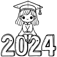 a cute girl in a graduate cap and gown sitting on a giant Class of 2024