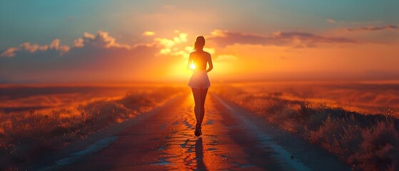 Silhouette of a female runner jogging at sunset on a road. Concept Sunset Jogging, Female Runner, Silhouette, Road, Exercise