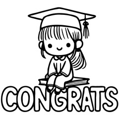 a girl in a graduate cap and gown sitting on a giant Congrats