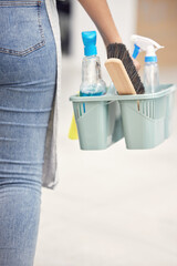 Woman, hand and cleaning supplies in home to tidy, housekeeper and chemical products or detergent....