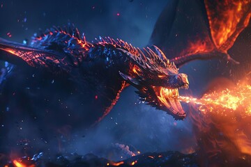 draconic duel colossal dragon unleashing fiery breath amidst chaotic battle at night fantasy concept art - obrazy, fototapety, plakaty