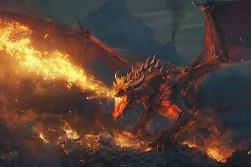 draconic duel colossal dragon unleashing fiery breath amidst chaotic battle at night fantasy concept art - obrazy, fototapety, plakaty