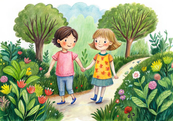 Children playing with flowers. Image of cute children holding hands on a lush green background.