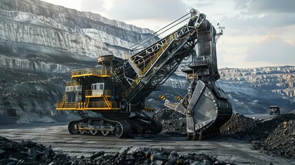 giant bucket wheel excavator machine in coal mine heavy industry and mining concept 3d illustration - obrazy, fototapety, plakaty