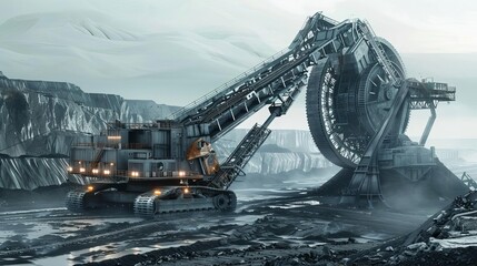 giant bucket wheel excavator machine in coal mine heavy industry and mining concept 3d illustration - obrazy, fototapety, plakaty