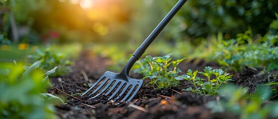 Using a Garden Rake for Precise Tidying of Outdoor Spaces. Concept Gardening tips, Outdoor organization, Garden tools, Yard maintenance, Rake techniques