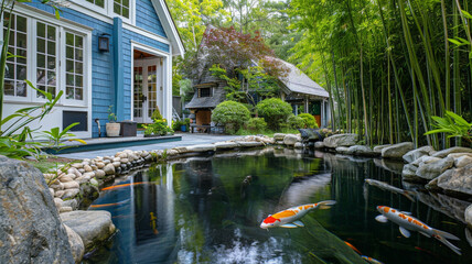 Soft blue Cape Cod style vacation home, with a stone-lined pond stocked with koi and surrounded by whispering bamboo.