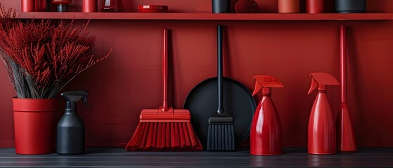 Organized set of broom and dustpan for essential home cleaning and tidying. Concept Home Cleaning, Broom and Dustpan Set, Essential Tidying, Organized Home Maintenance - obrazy, fototapety, plakaty