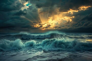 dramatic view of huge ocean waves crashing under dark stormy sky with bright light rays