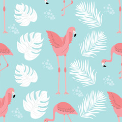 Pink flamingo seamless pattern on a blue background. Cute flamingos with tropical leaves vector illustration