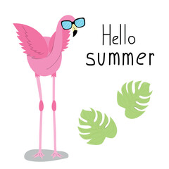 Front view flamingo in sunglasses. Hello summer lettering. Vector illustration