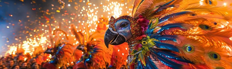 Samba parade during carnival, in which dancers wear magnificent costumes decorated with feathers and sequins