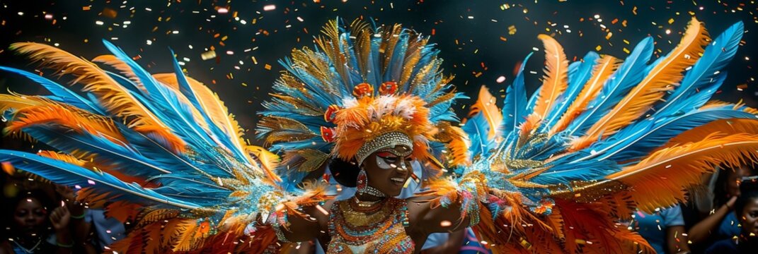 Samba parade during carnival, in which dancers wear magnificent costumes decorated with feathers and sequins