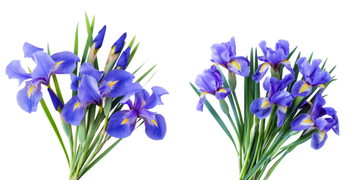 Bunch of purple iris flowers set isolated on white or transparent background. Floral arrangements