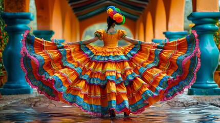 Movement of colorful skirts, traditional Mexican folk dance