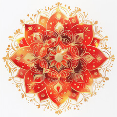 A red and gold mandala flower with a gold center