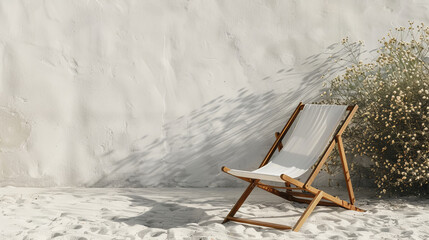 A white beach chair is sitting on the sand in front of a wall - obrazy, fototapety, plakaty