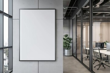 empty poster frame mockup on modern office wall blank canvas display 3d rendering