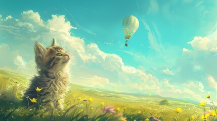 Kitten looks at balloon in sunny meadow with flowers and hills. Fluffy kitten gazes at a balloon in a serene landscape with flowers. - obrazy, fototapety, plakaty