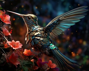 Mechanical hummingbird hovering near a flower, close-up, iridescent metal feathers, intricate energy circuits, garden setting, blending Cubisms fragmented perspectives with vibrantemotive colors