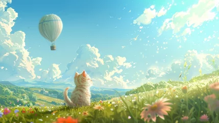 Rolgordijnen Kitten looks at balloon in sunny meadow with flowers and hills. Fluffy kitten gazes at a balloon in a serene landscape with flowers. © Chatpisit