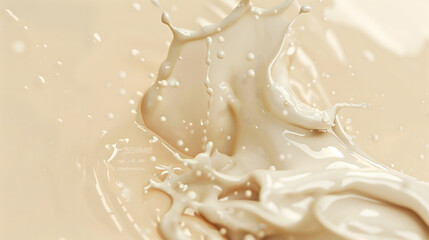 A high-speed capture of a milk splash, with droplets suspended in the air, set against a warm beige...