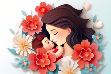3D Vector flat illustration of flowers white background, mom and baby for mother's day