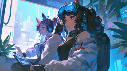 Two women are sitting in front of a computer screen, wearing virtual reality goggles. One of the women is wearing a lab coat