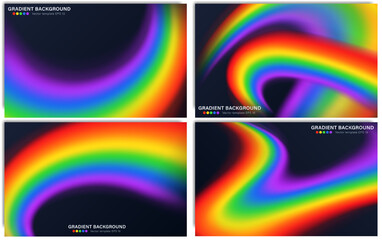 Set of abstract backgrounds with blurred bright spectrum gradient. Vibrant fluid wallpapers with multicolored rainbow curves. Template of dark blue backdrop cover, web banner with vivid colorful lines