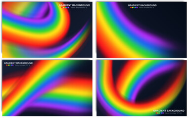 Abstract dynamic dark blue backgrounds with blurred bright rainbow gradient curve. Template of wallpapers for desktop, website page, advertising. Wavy colorful spectrum backdrop cover. Pride month