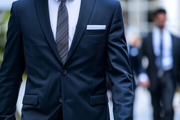 Midsection image of a man in a modern, well-fitted suit with a tie and pocket square, exuding professionalism